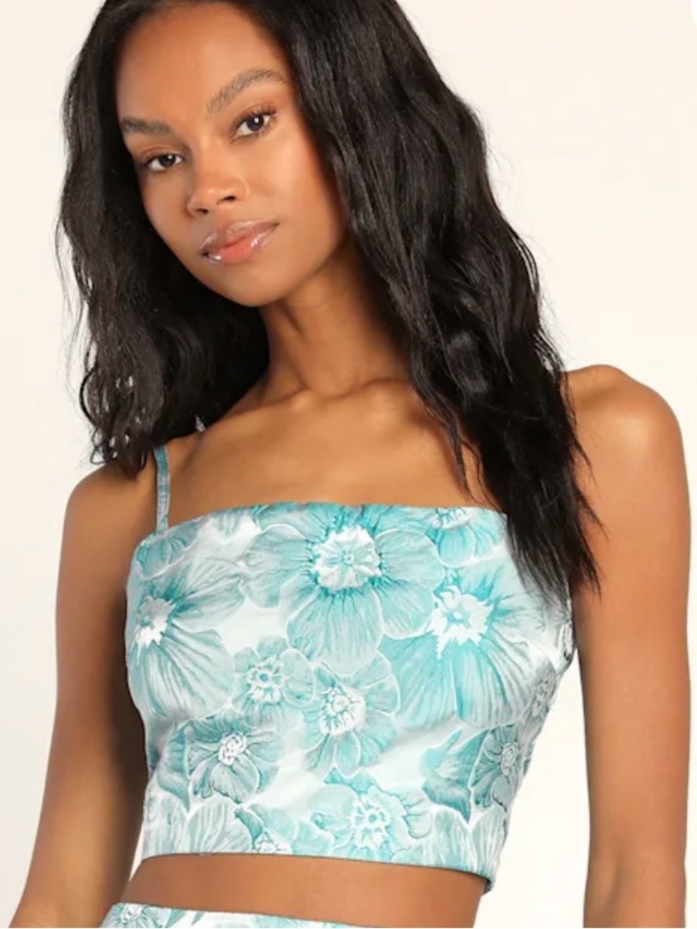 Lulus Set to Blossom Blue Floral Jacquard Crop Top